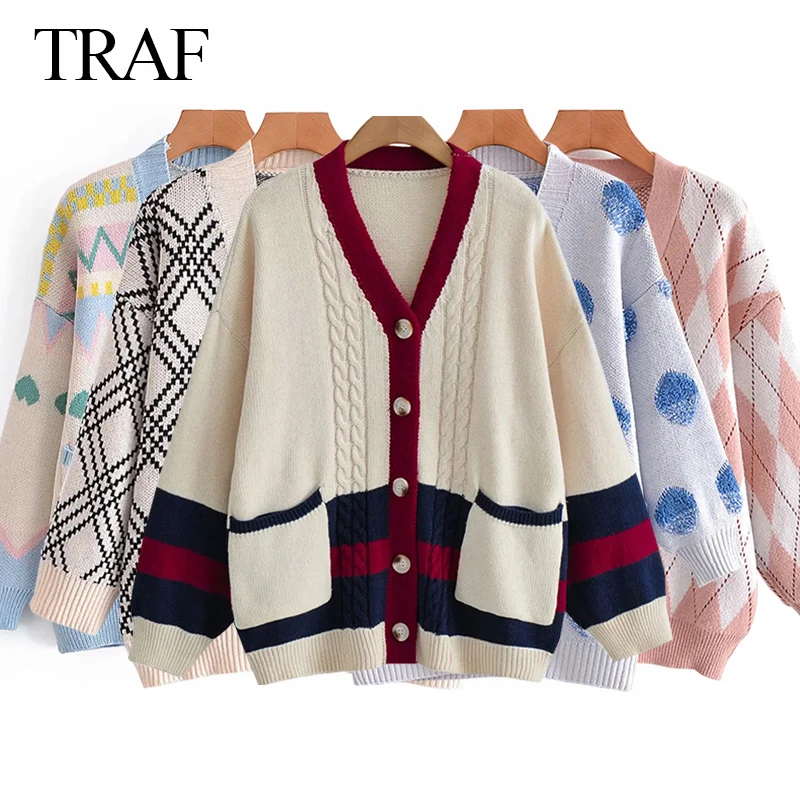 

TRAF ZA Women's Cardigan Women y2k Fashion V-neck Sweater Cardigan Retro Casual Single-Breasted Chic Top Vestidos Jersey Mujer