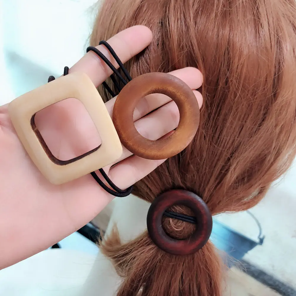 

120pcs/lot Round Wood Square Geometry Hair Bands Elasticity Pierced Rubber Band Hair Styling Tools Accessories HA1145