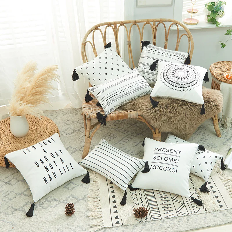 

White Decorative Pillowcase Cotton Canvas Printed Tassel Cushion Home Decorative Pillow Covers Sofa Waist Pillowcase