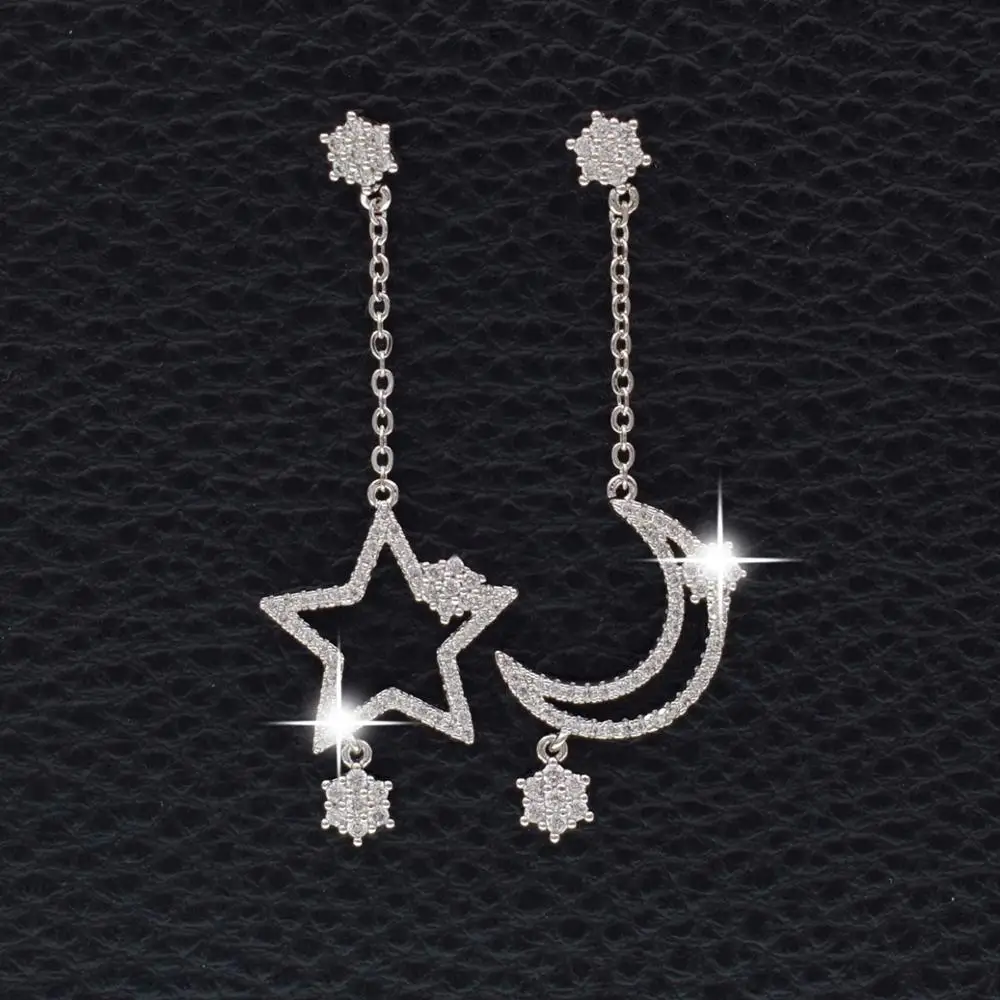Новинка женские серьги с кубическим цирконием серебряные Луной и звездами