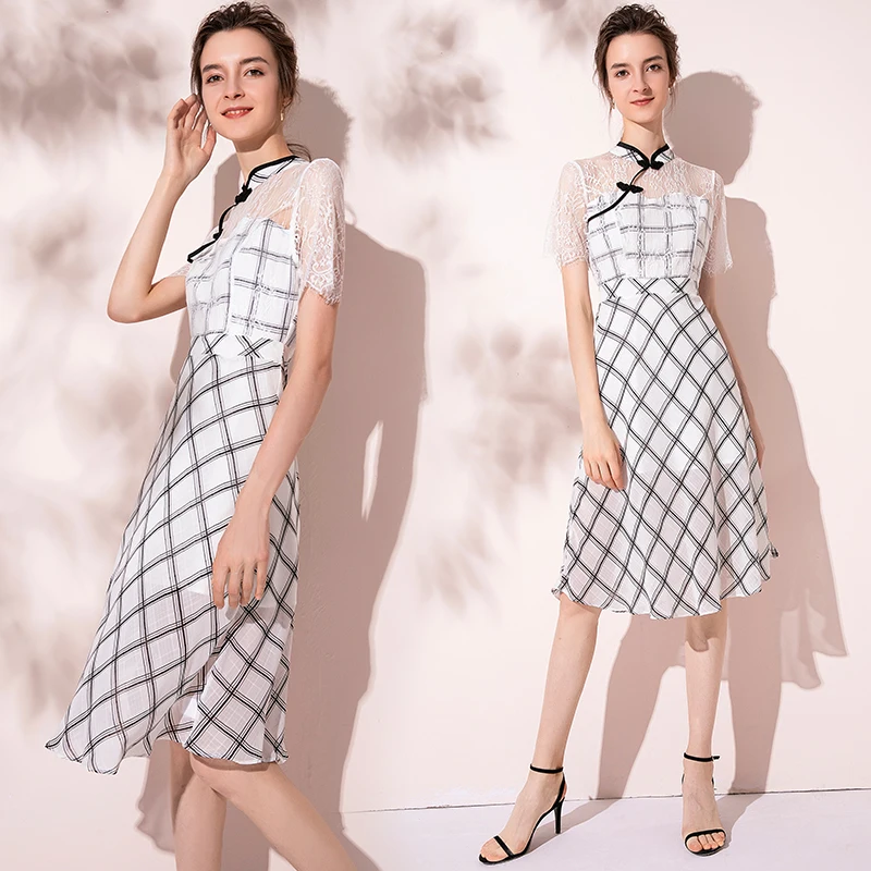 

Elegant Lace Vintage Slim Dress Plaid High Waist Hollow Out Summer New Cheongsam Midi Dresses Vestidos Women