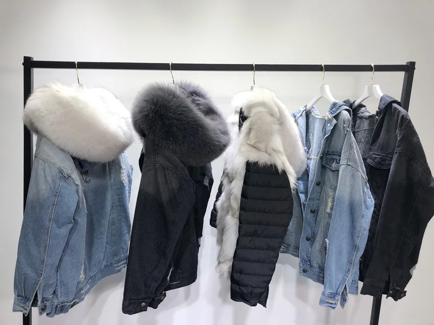 FOX DENIM Black Denim Jacket Katana Trimmed with Natural Fur Woman Parkas 2021 New Fashion Real Fox Fur Coat Oversized Fur Hood