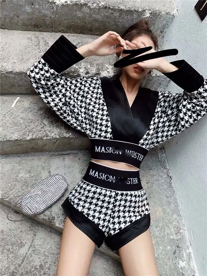 Твидовый комплект из двух предметов с надписью «Houndstooth», женские шорты с высокой талией и широкими штанинами, комплект с укороченным топом, осенняя Клубная одежда, сексуальная одежда для вечеринок