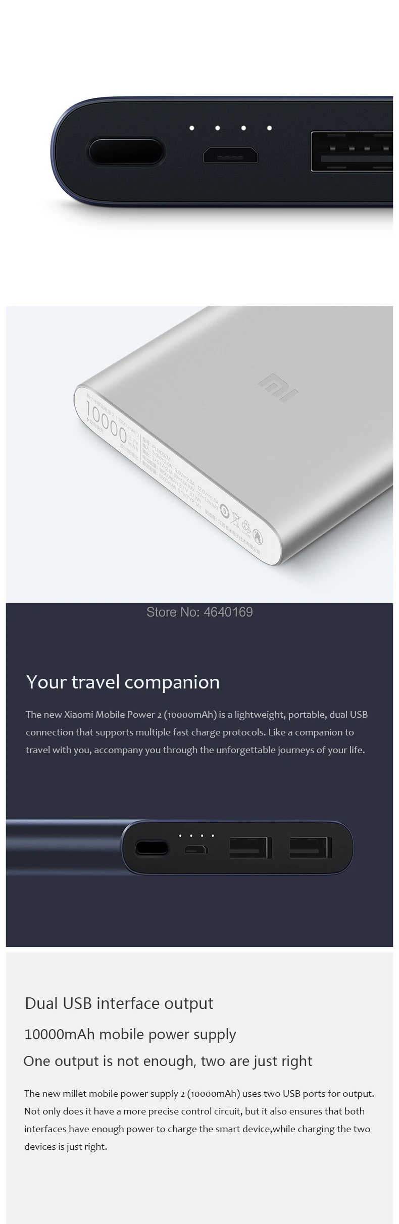 10000mah Xiaomi Mi power Bank 2 Внешний аккумулятор банка 18w Quick Charge power Bank 10000 с двойным Usb выходом для телефона