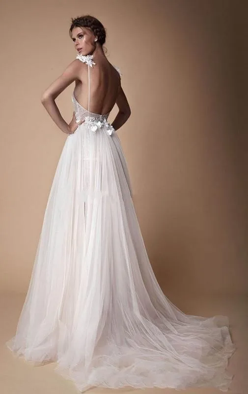 Modest Berta A Line Beach Wedding Dress 3D Appliqued Tulle Deep V-Neck Split Side Sweep Train Bridal Gowns With Flowers | Свадьбы и