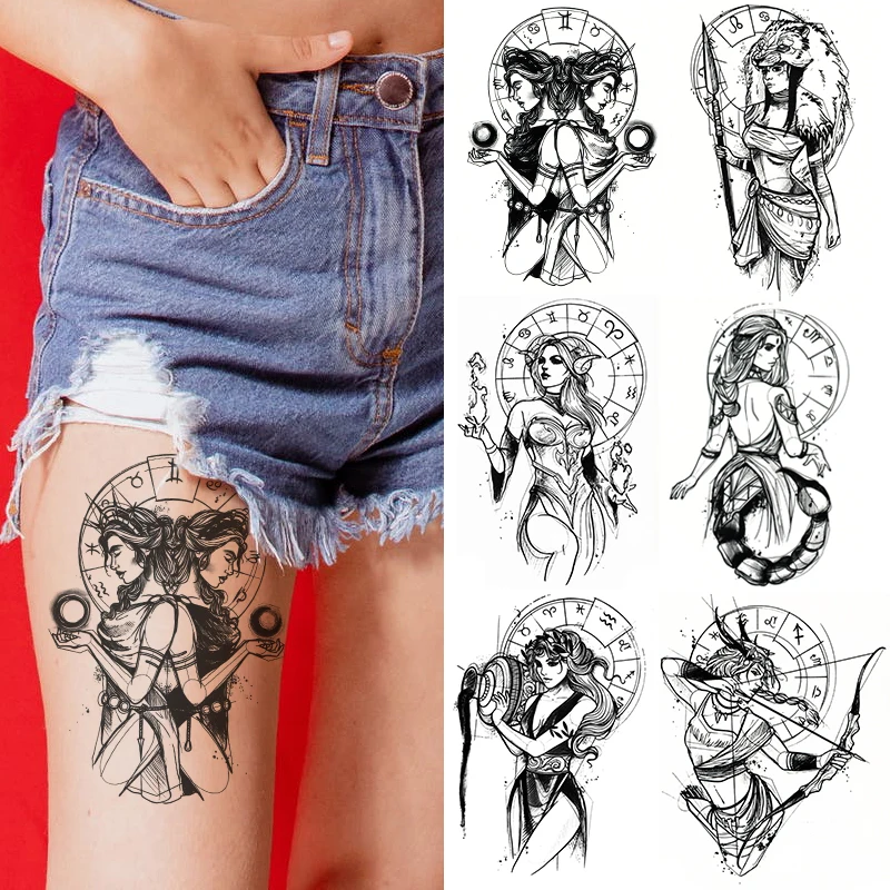 

Waterproof Temporary Tattoo Sticker Twelve Constellations Symbol Scorpio Sexy Girl Flash Tatoo Fake Tatto for Women Men