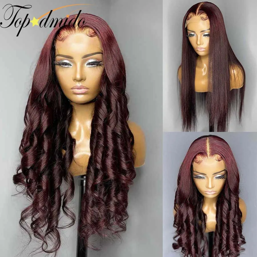 

Dark Red Color 13x4 Lace Front Wigs 99j Pre Plucked Brazilian Wavy Human Hair Wig 180% Density Remy Glueless Lace Wig for Women