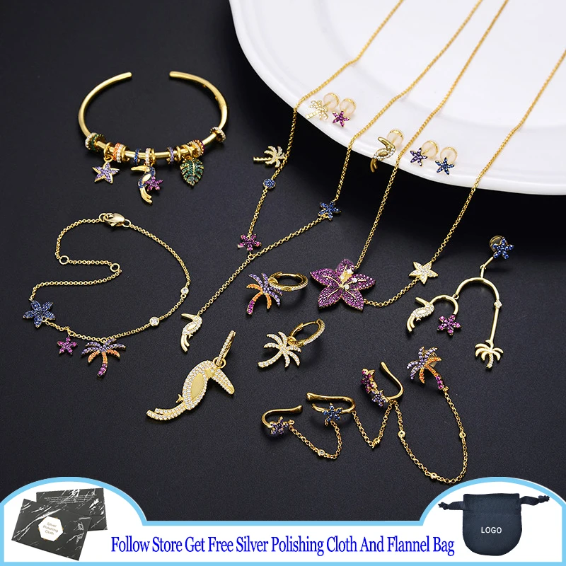 

925 Sterling Silver Bracelet WONDERLAND Mono Burgundy Flamingo Earrings Flower Palm Tree Tropical Forest Necklace Luxury Jewelry