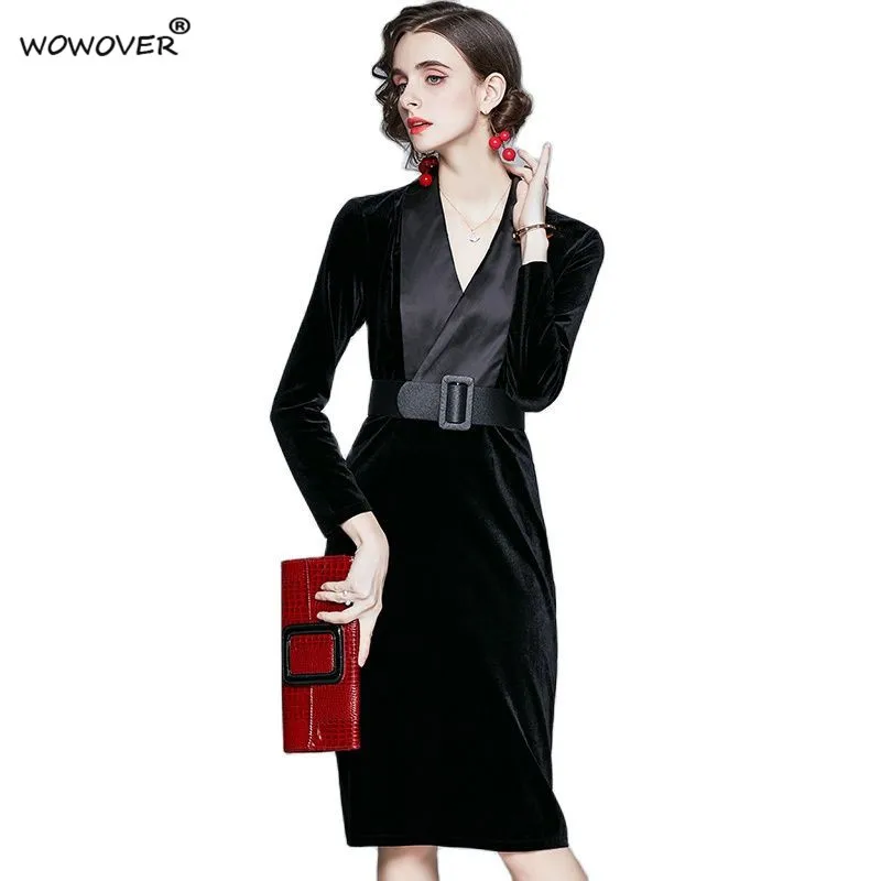 

Женское осеннее модное офисное бархатное платье, элегантное дизайнерское прямое вечернее платье миди с длинным рукавом и поясом, черное пл...