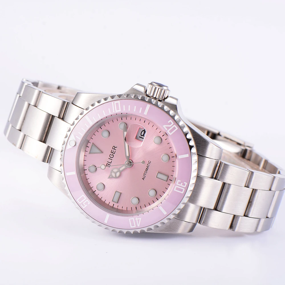 BLIGER 40 мм сапфир розовый циферблат керамический ободок светящийся нержавеющая
