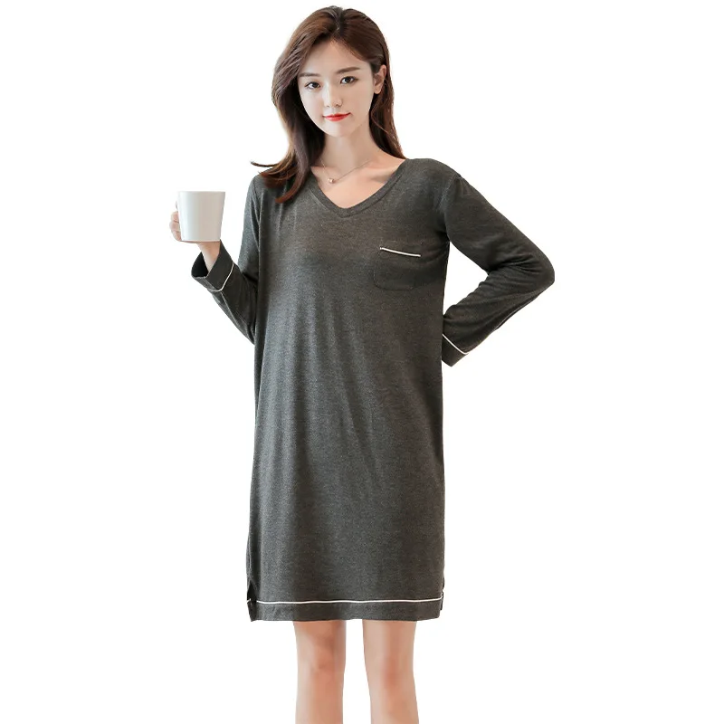 

2021 Night Dress Women Nightgown Solid Color Modal Sleepshirts Pregnant Woman Long-sleeve Nightie Nightdress Sleepwear