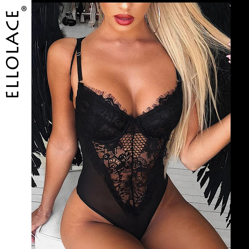 Женское Кружевное боди Ellolace прозрачное с кружевом облегающее сексуальное для