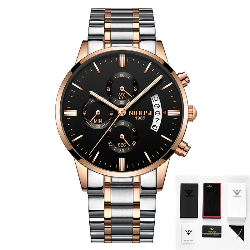 8 with box NIBOSI часы Relogio Masculino люксовый бренд Мужские Хронограф деловые Часы мужские стальные кожаные водонепроницаемые кварцевые наручные часы - Цвет: 8 with box