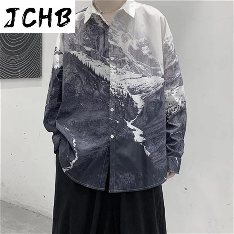

2021 Autumn Men's Fashion Printed Long Sleeve Retro Tie Dye Snow Mountain Print Cotton Shirt Streetwear Social Breathable Shirts