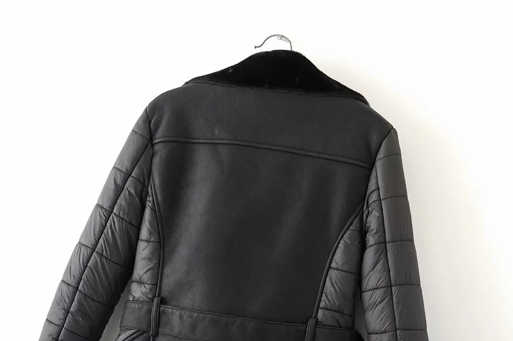 

Fashion Women Black Faux Suede Jacket Full Sleeve Zipper Pocket Turn-Down Cropped Motorcycle Jacket Hem Sashes Long Coat