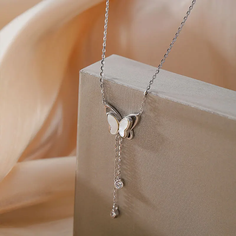 

Ожерелье из стерлингового серебра S925 с бабочкой и перламутром, новинка 2021, женский кулон, модная популярная цепочка до ключиц