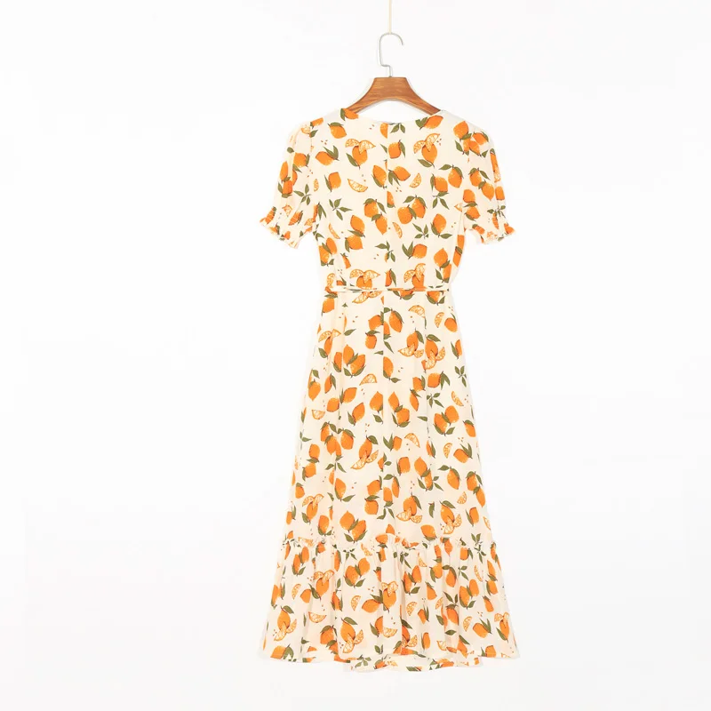 

Summer women's dress casual fruit print V-neck short sleeve slim dress Vestidos