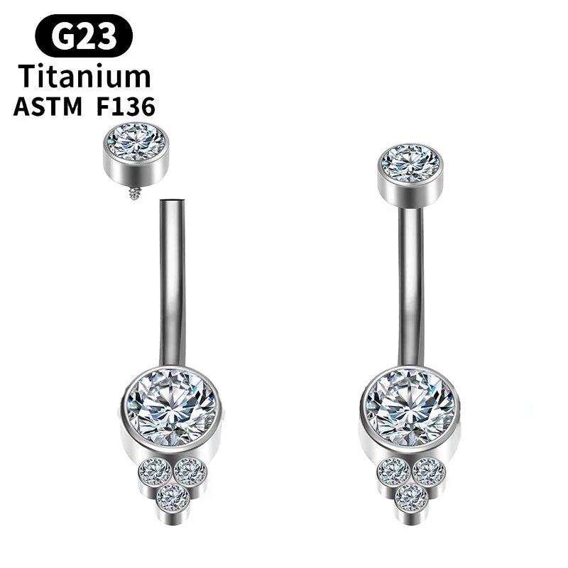 

ASTM F136 Titanium Navel Ring Bezel 4 CZ Cluster Internally Threaded Navel Curves Barbell Body Piercing Belly Button Rings