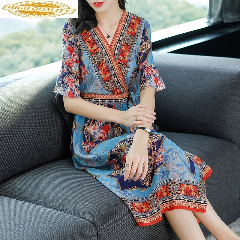 2020 летнее женское платье в стиле ретро из 100% шелка бохо винтажное с цветочным