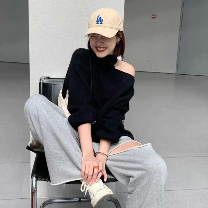 Шикарный ранний осенний Топ тонкий дизайн рваный пуловер с открытыми плечами