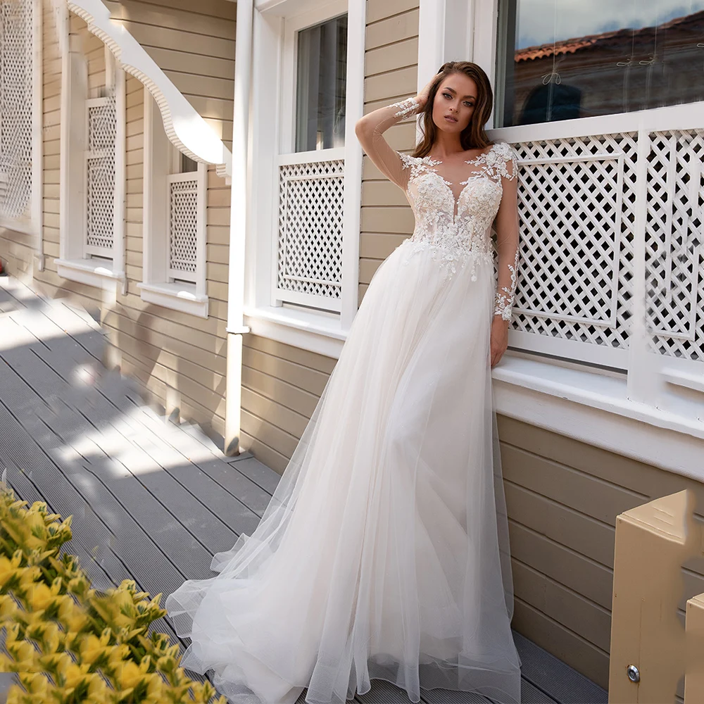 

Tulle Vestido De Novia Illusion Encaje Long Sleeve Vintage Applique Wedding Dresses A Line Sweep Train Bridal Gown Robe