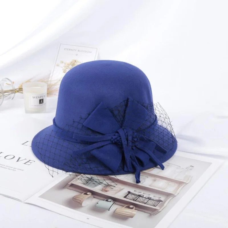 Новая Винтажная шляпа-колокол из искусственной шерсти с сетчатым бантом |