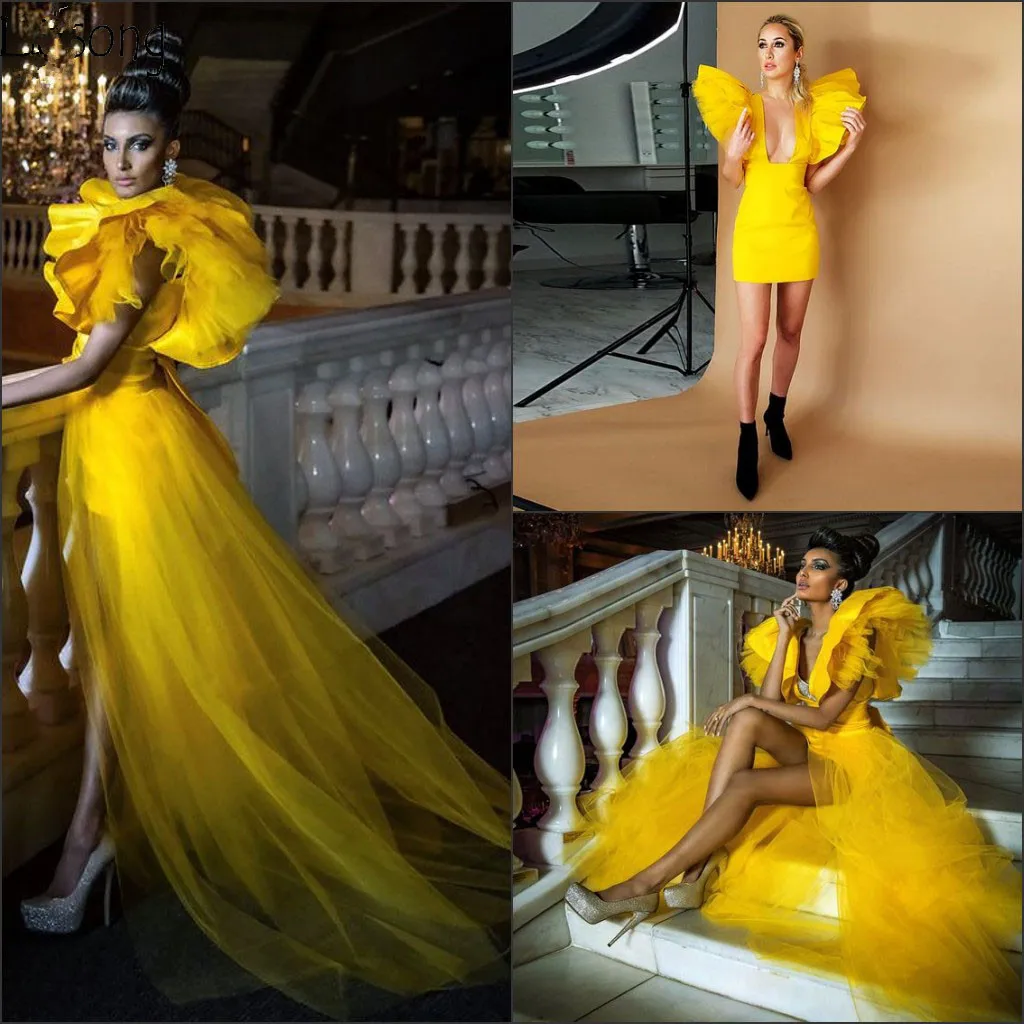 

Fashion Short Prom Dresses with Detachable Train Yellow Deep Floor-Length evening dress 2 Pieces Overskirts Girls Party Gowns