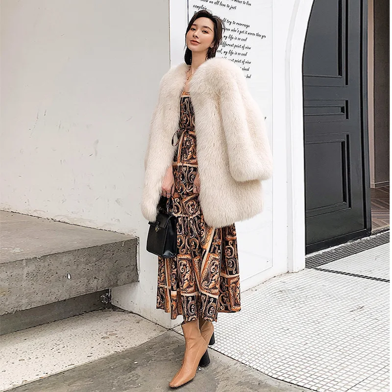 Whole Skin Fox Fur Fashion Jacket Women's Mid-length Long-sleeved Fur Coat 2021 Autumn And Winter New Office Lady O-Neck