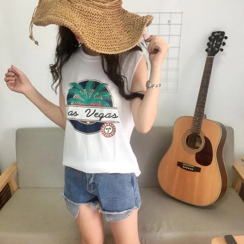 Летний женский жилет с пейзажной картой свободная футболка без рукавов круглым