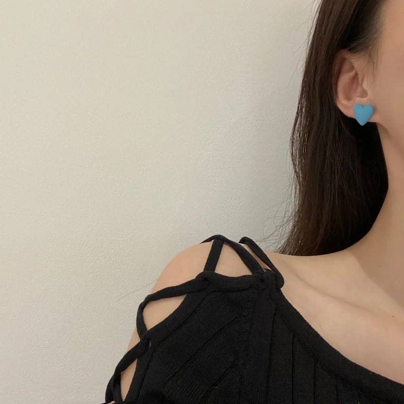 

S925 needle Trendy Jewelry Asymmetry Earrings Sweet Korean Temperament Blue Coating Heart Earrings For Women Girl Party Gifts