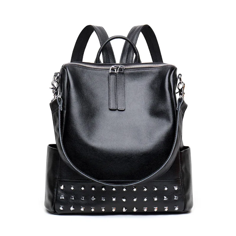 

2021 New Leather Handbags Personality Rivet Cowhide Bag Fashion All-match Backpack Bag Girl Fashionable Purses