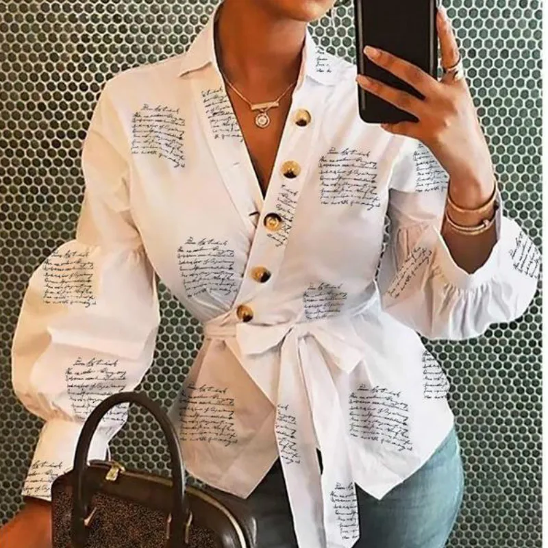 

Women Streetwear Letter Printed Shirt 2019 Long Sleeve Fashion Women V Neck Tops Blouses With Belt blusas mujer de moda