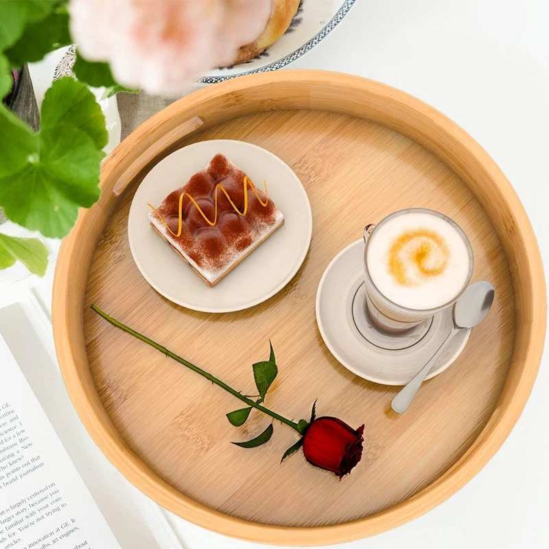 Round Serving with Handles - Wooden Bamboo Circle Tray for Coffee Table Food Ottoman | Дом и сад