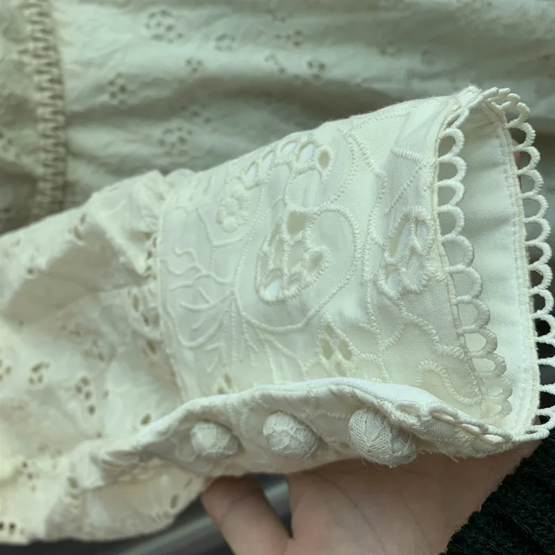 

Women Vintage Cotton Maxi Dress Embroidery Hollow Out Long Sleeve High Waist Tunic Sashes Long Dress 2021