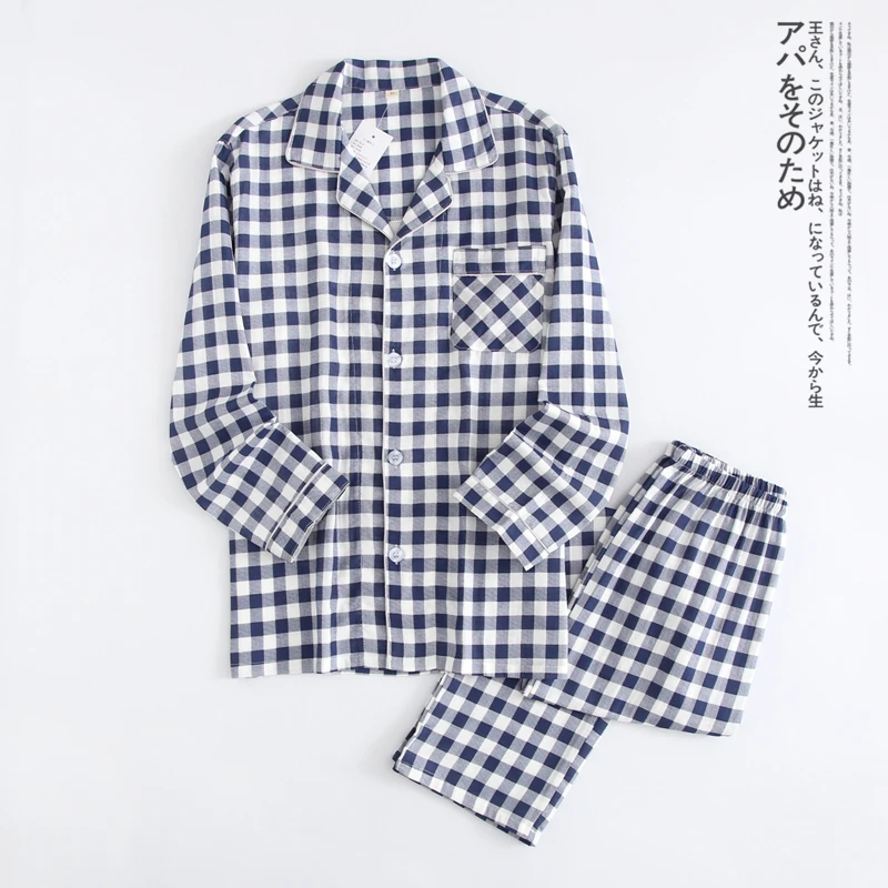 

Fashion plaid 100% gauze cotton lovers pajama sets women and men family Simple long sleeve sleepwear men