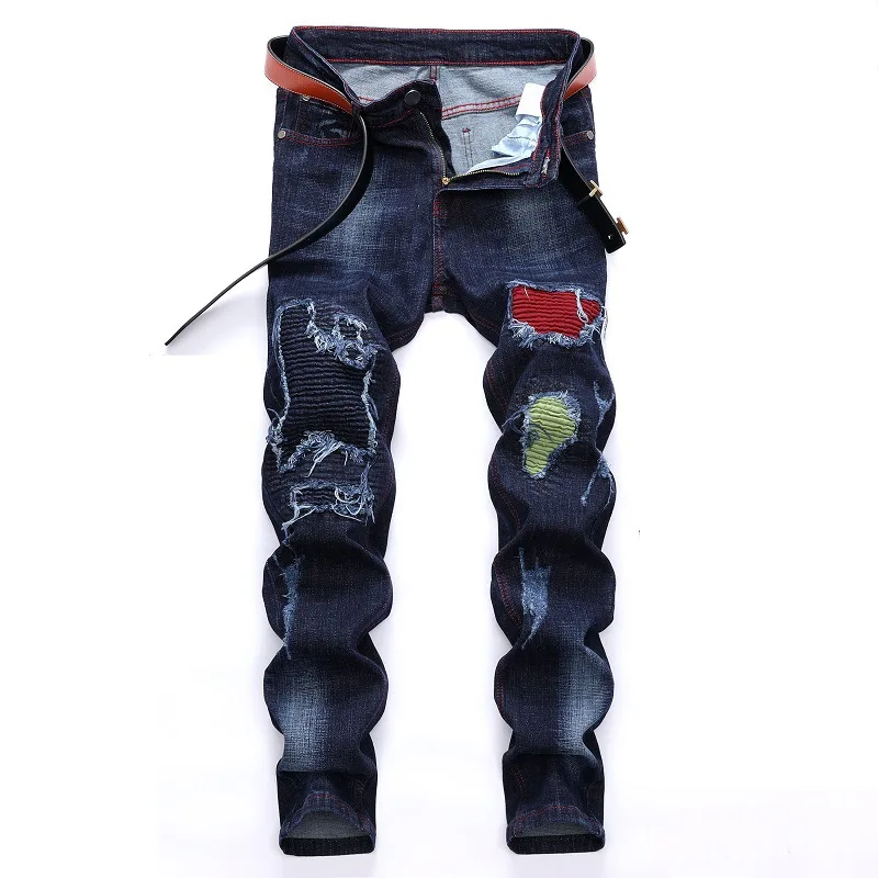 

Motorcycle Jeans Mens Autumn and Winter Elastic Pierced Jeans Men Clothing Men Jeans Trousers Hip Hop Jeans Men Fashion