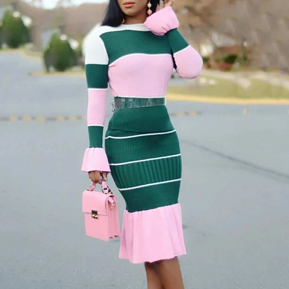

Knitted Sweater Two Piece Skirt Set Women Autumn Slim Fit Long Sleeve Tops And Ruffle Midi Skirt Suit Set 2020 Matching Outfits