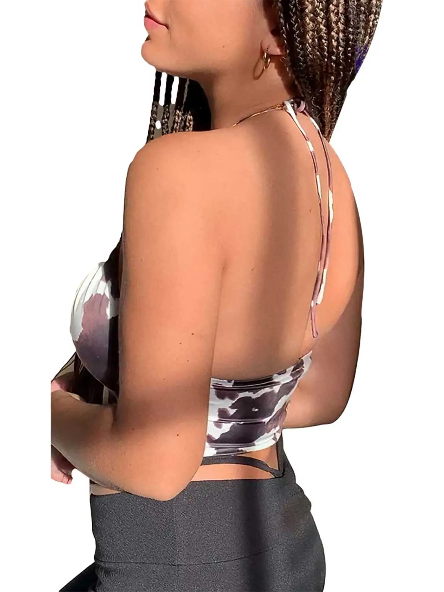 

2021 New Women's Halter Crop Tops, Sexy Sleeveless Backless Solid Color/Cow Print Camisole