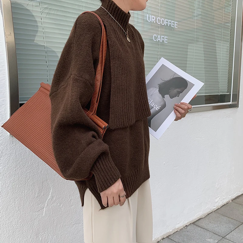

Korean Two Piece high Neck Shawl Sweater Women Autumn Winter New Loose Warm Simple Sweater Jacket White Sweater Ladies
