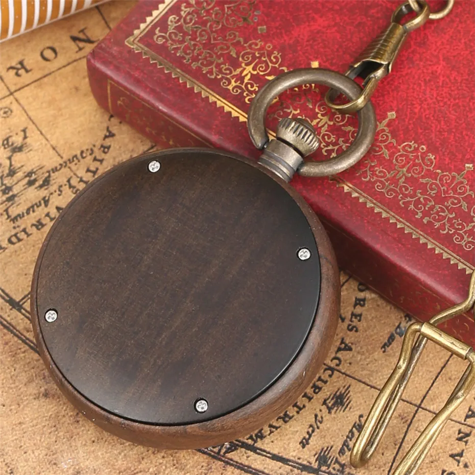 

Classic Roman Numerals Display Quartz Ebony Wood Pocket Watch Luxury Pendant Clock Gifts for Men Women Bronze Fob Chains