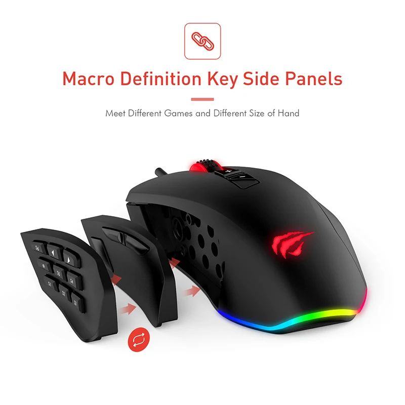 Havit игровая мышь 12000 dpi Проводная мышь с 14 программируемыми кнопками сменные боковые пластины, 2 Сменные правые пластины