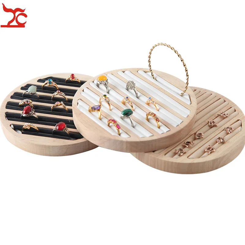 Подставка для колец из бамбука и дерева Круглый лоток с 6 длинными отверстиями