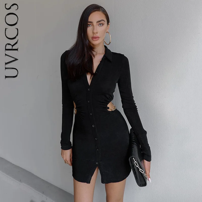 

2021 Autumn New Texture Turn-down Collar Sexy Dress Waist Hollow Out Long Sleeve Shirring Skinny Mini Dress Women Streetwear Y2K