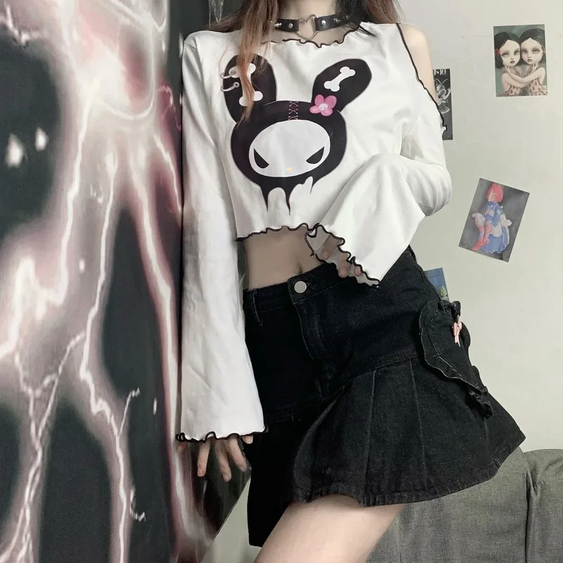 

Y2k Girl Off Shoulder Flare Long Sleeve Cartoon Print Basic T-shirt White Lovely Lady Short Length T Shirt Autumn Korean Fashion