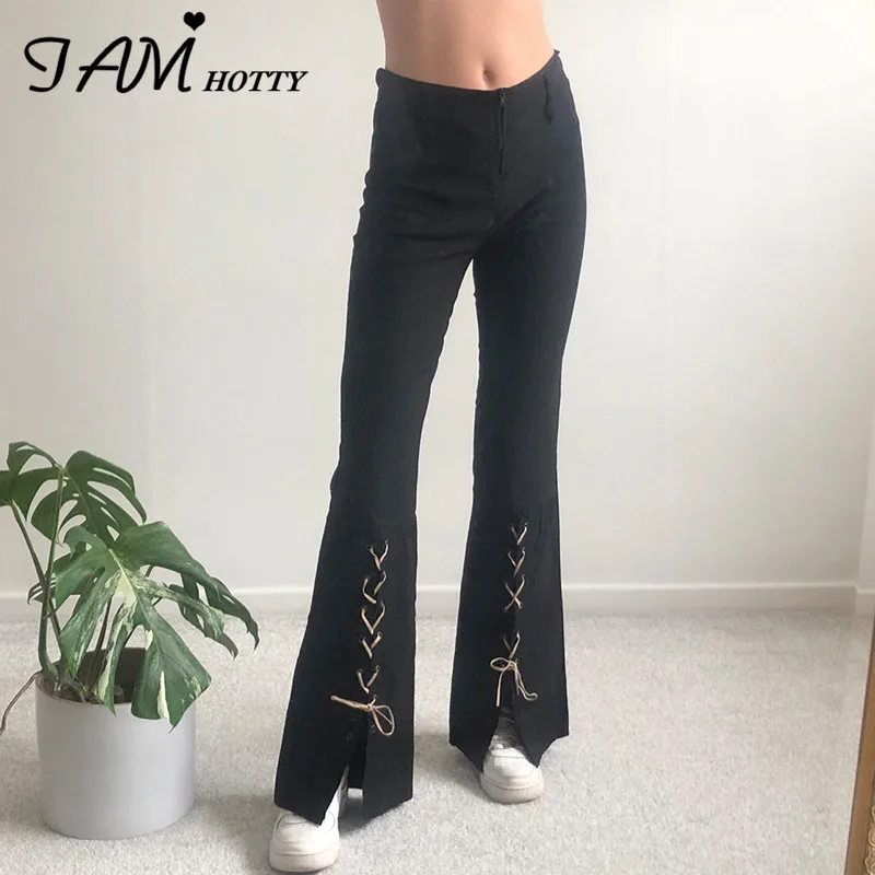 

Lace Up Flared Jeans Women Mid Waist Baggy Black Denim Trousers Korean Chic Skinny Jeans Casual Outfit Vintage Pants Iamhotty