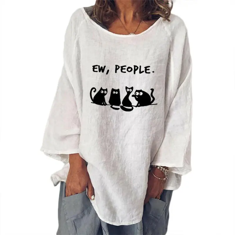 

Spring/Autumn Long Sleeve Tops for Women Cute Cat Printed Loose Round Neck Top Fashion Casual Cotton Linen T-shirt Tees