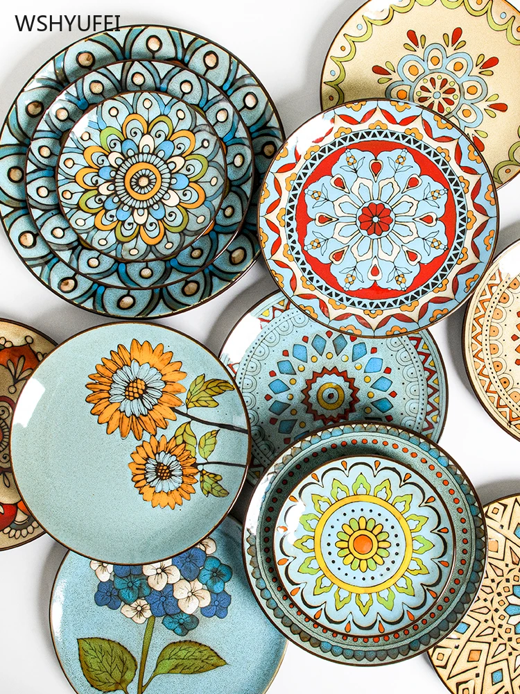 

Creative hand painted ceramic plates, round household plates, desserts, salads, desserts, home decoration
