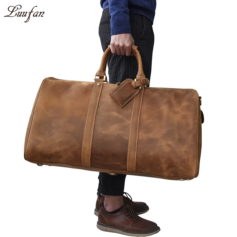 Men's Big Capacity Genuine Leather Travel Bag Durable Crazy Horse Leather Travel Duffel Real Leather Large Shoulder Weekend Bag