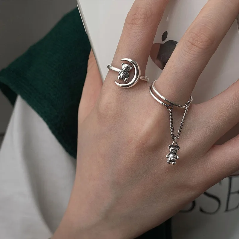 

925 Sterling Silver Vintage Tassel Chain Bear Ring For Women Girls Birthday Gift 2022 Punk Trendy Jewelry jz109