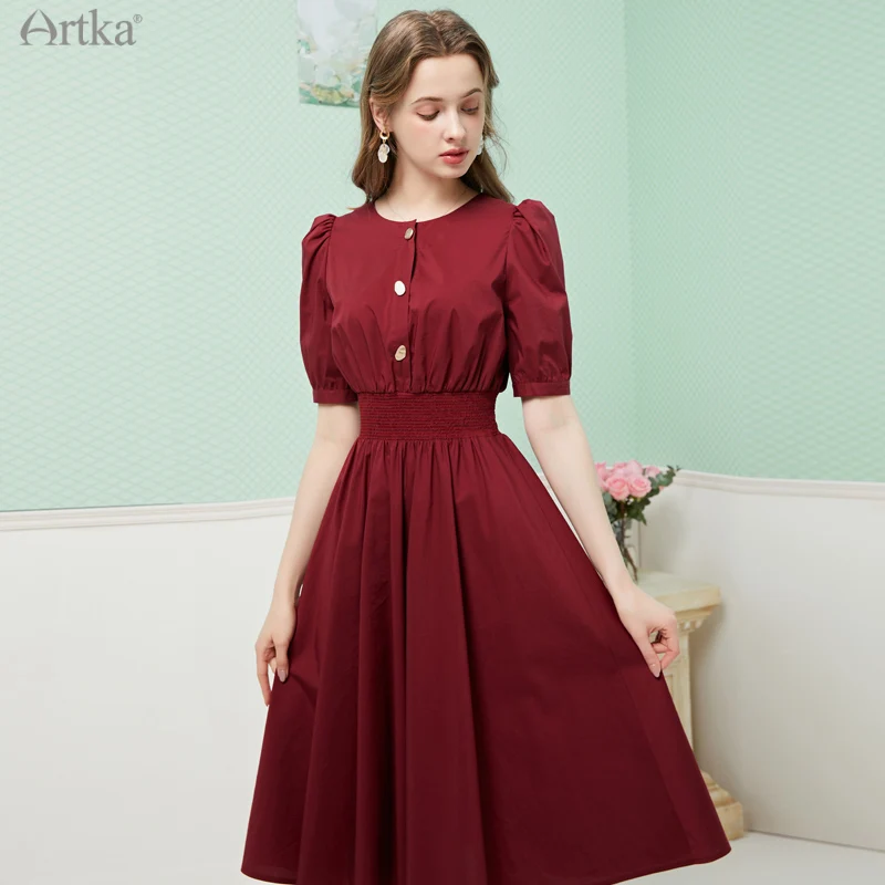 

ARTKA 2021 Summer New French Vintage O-Neck Wine Red Midi Dress Elastic High Waist Puff Sleeve A-Line Dresses Women LA22213X